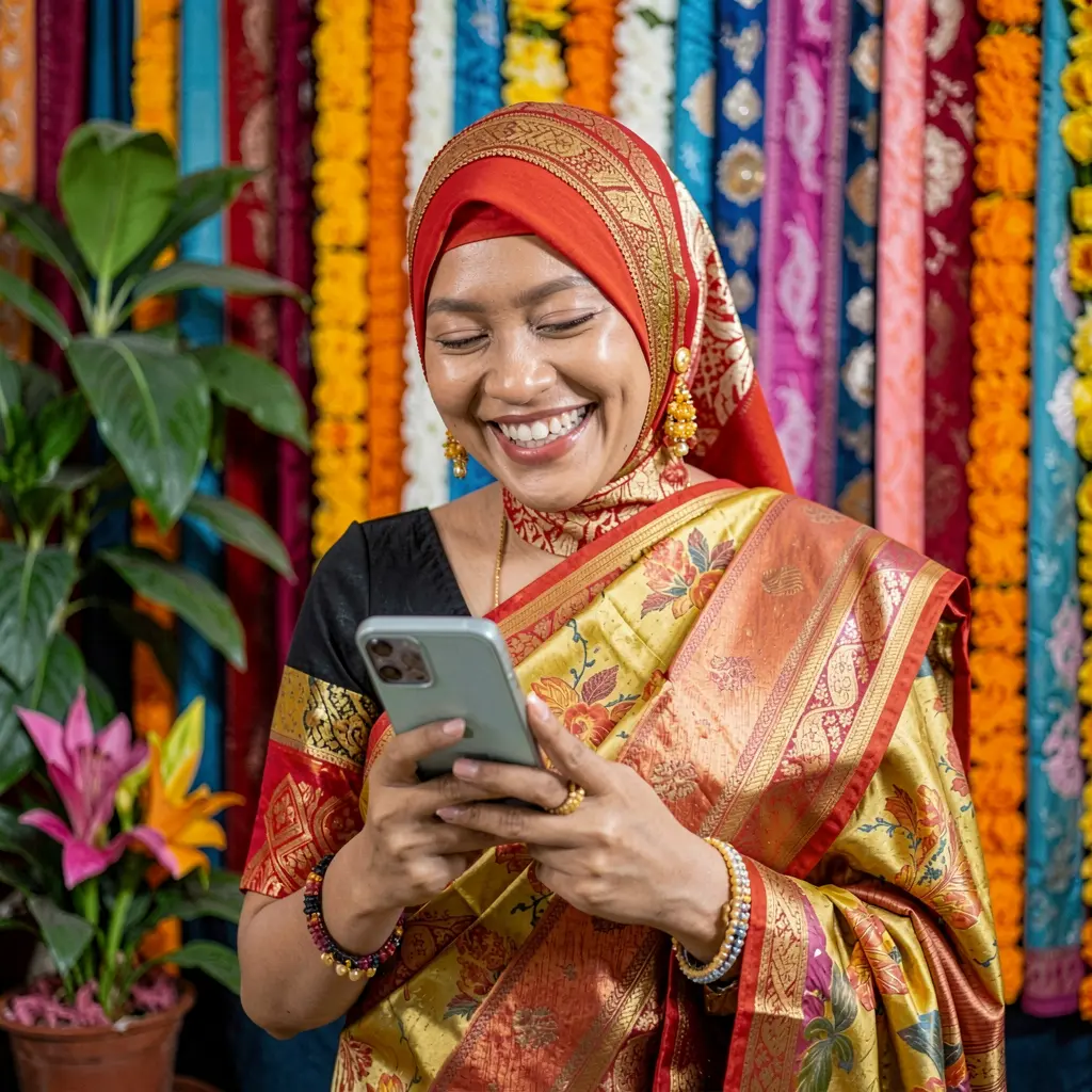 Happy Indonesian woman in traditional attire looking at her phone with a joyful expression while using the 8HHH casino app