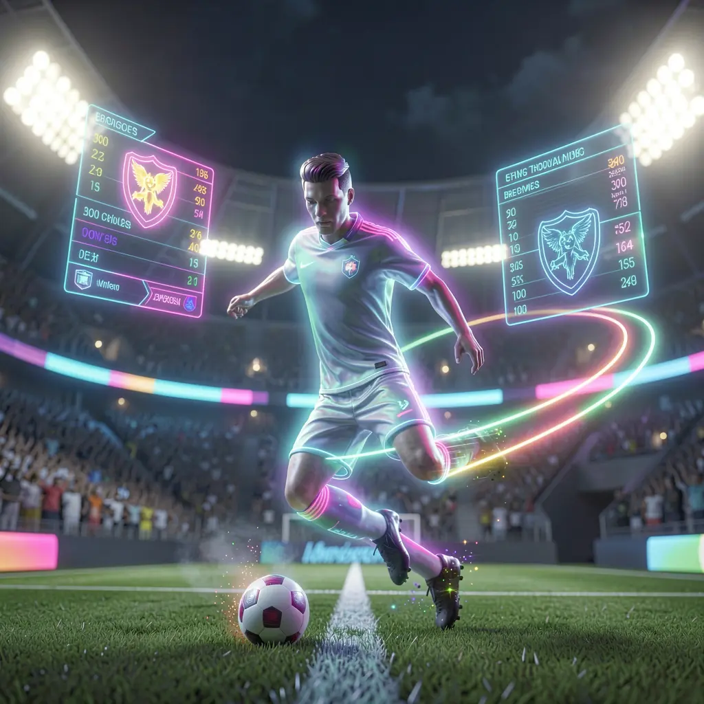 Dynamic digital soccer athlete surrounded by holographic betting data and a glowing stadium atmosphere showcasing the 8HHH sports betting experience in Indonesia