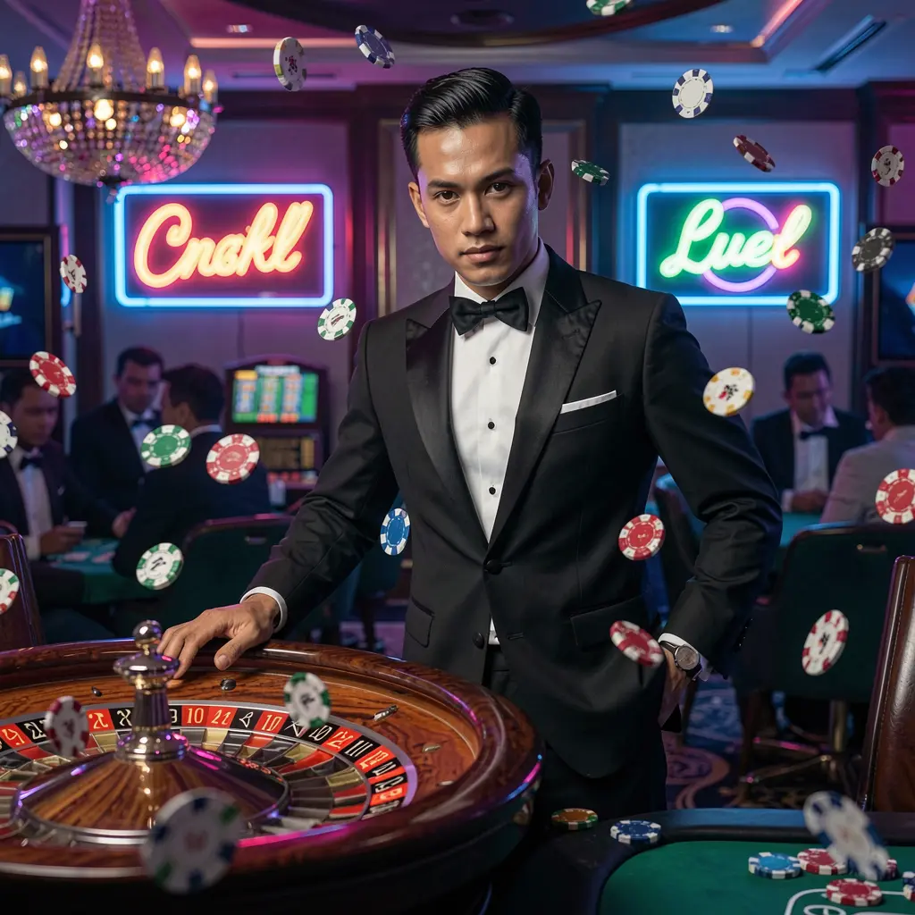 Elegant live casino atmosphere with a professional dealer at a roulette table surrounded by glowing chips showcasing the premium gaming experience at 8HHH for Indonesian players