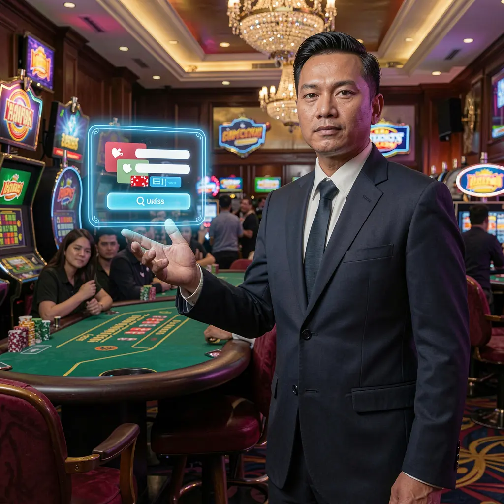 Professional Indonesian casino host welcoming players with a floating 8HHH login button in a vibrant live casino setting