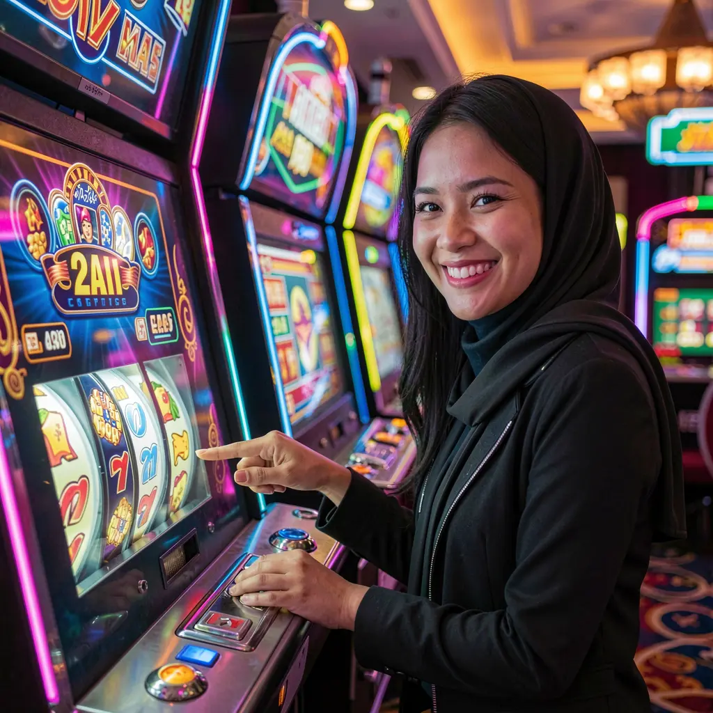 Confident Indonesian player enjoying modern slot machines with bright reels and immersive casino visuals while gaming at 8HHH
